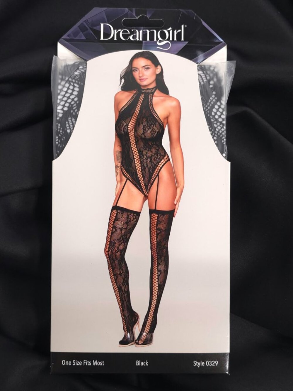 Dreamgirl Black Lace Teddy Bodystocking Attached Stockings One Size 0329